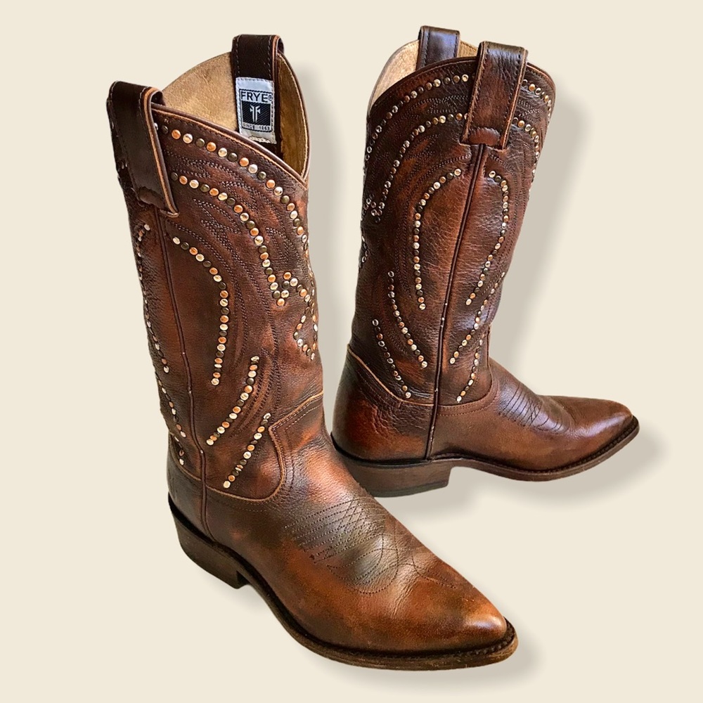 Frye Billy Stud Pull On Distressed Cowboy Boots - Picture 16 of 16